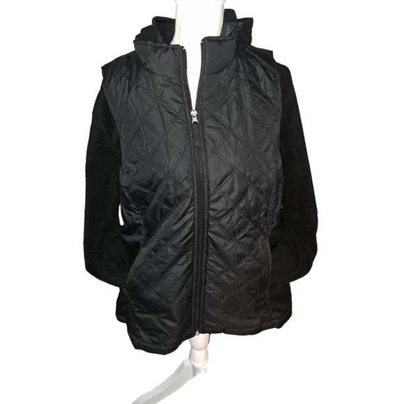 NIB-Med Denim&Co Black Quilted Zip Front Vest Removable Fleece Hoodie - Picture 6 of 9